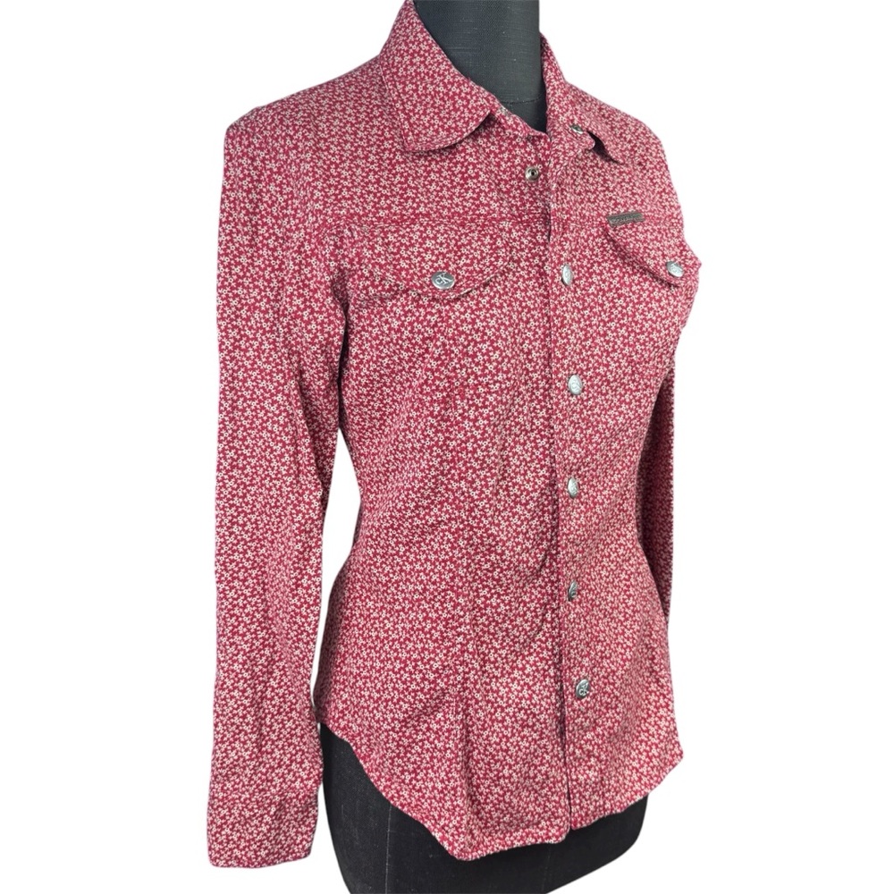 Calvin Klein Top Button Down Long Sleeve Y2K Floral Red White Cotton Size Medium